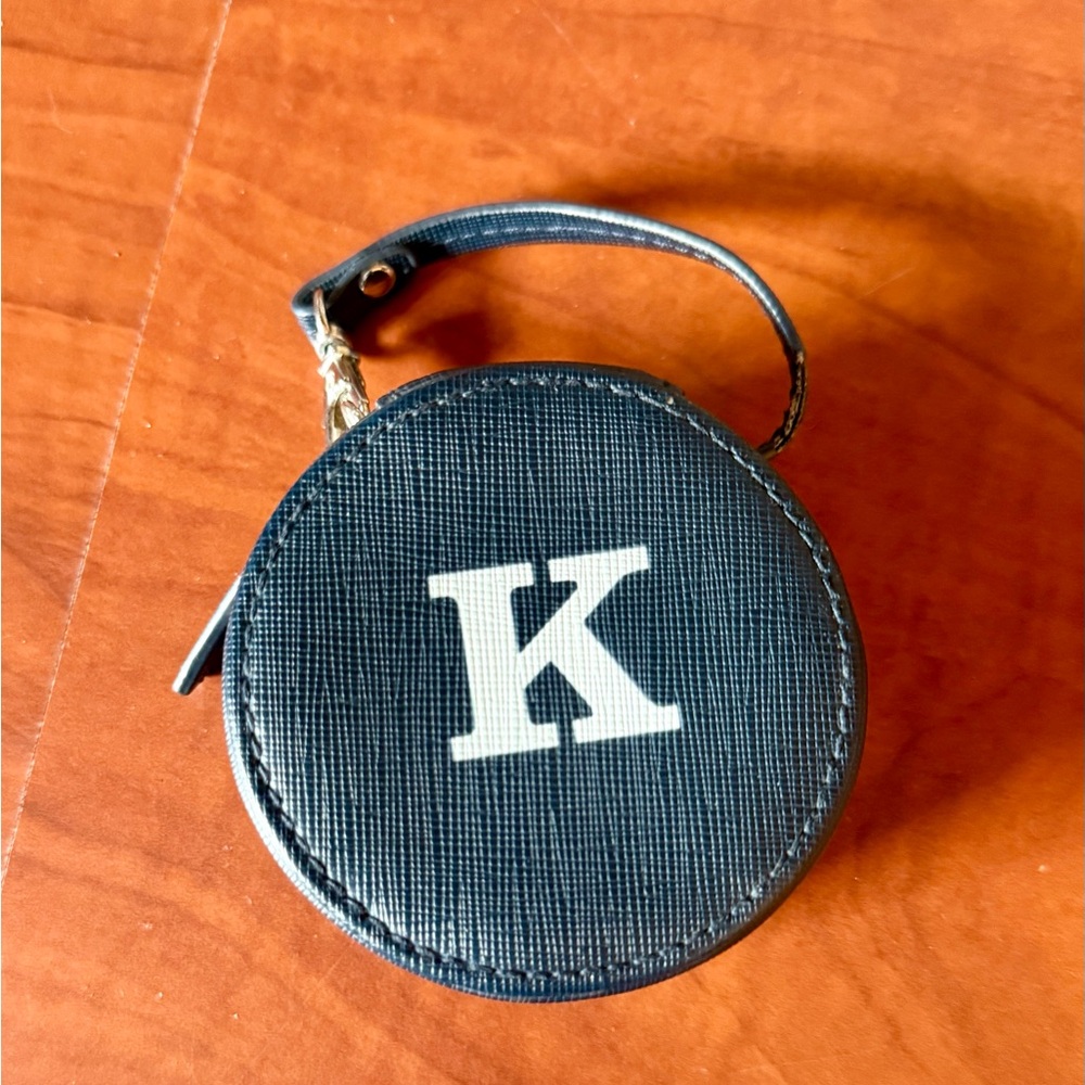 Navy Blue Round Trinket/Coin Purse/EarBuds Case with K Initial - Picture 1 of 6